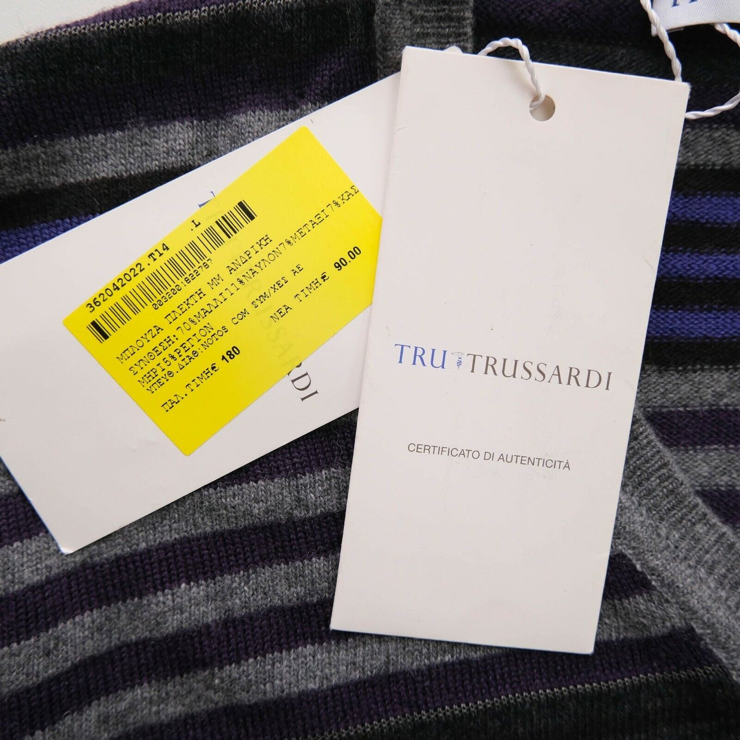 TRUSSARDI Grey V Neck Striped Jumper Sweater Size L