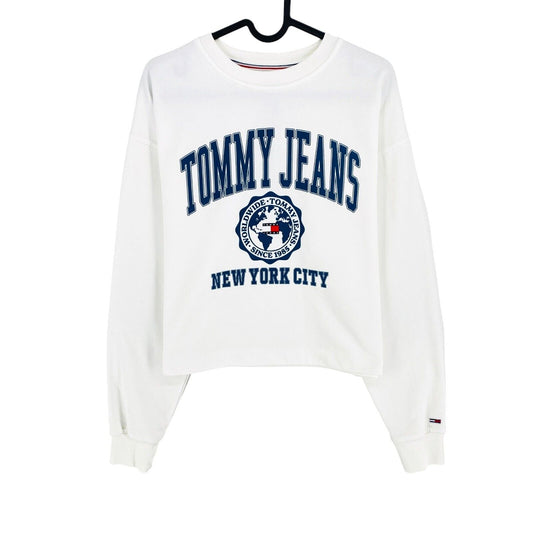 TOMMY HILFIGER JEANS White Crop College Logo Crew Neck Sweater Jumper Size S