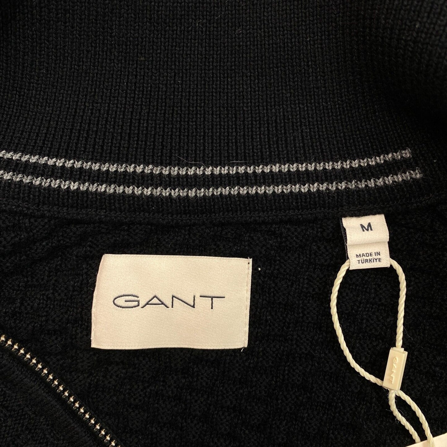 GANT Noir Coton Texture Pull Zippé Taille M