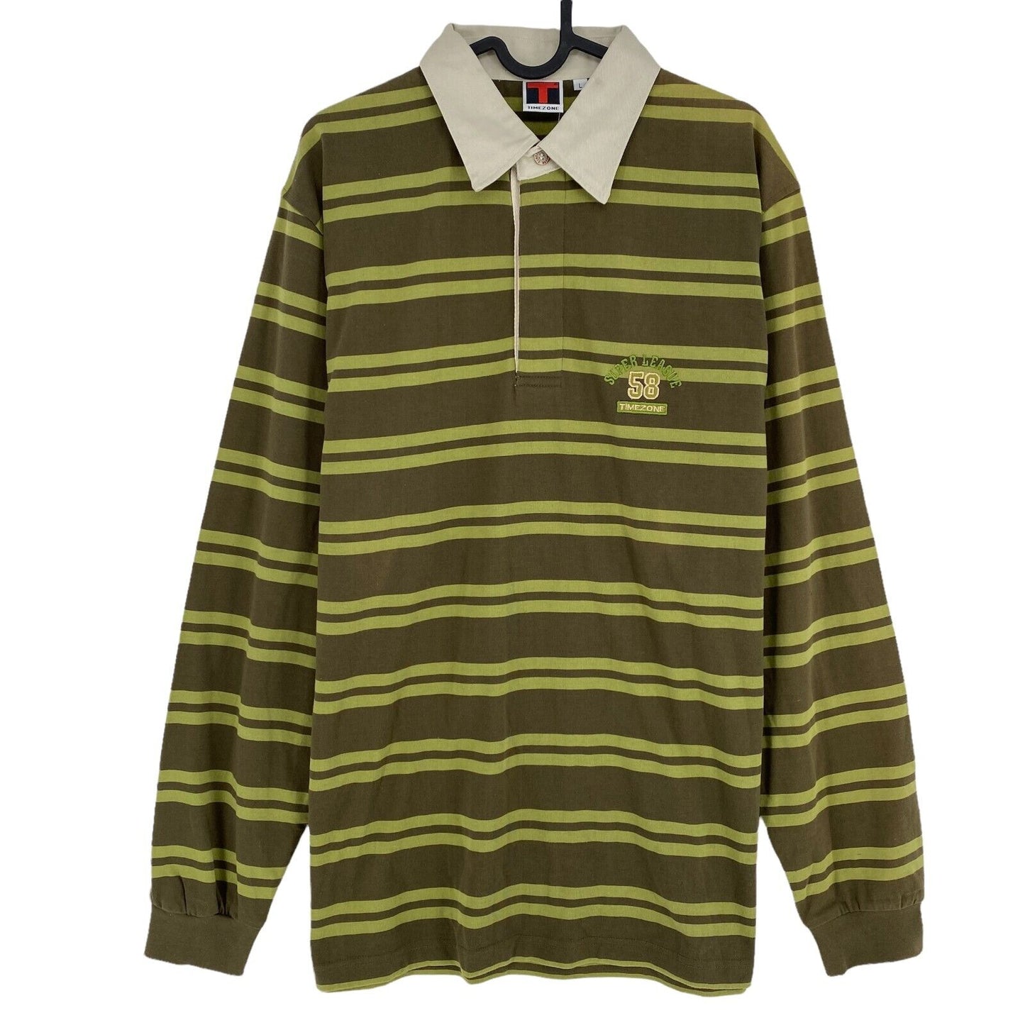 TIMEZONE Striped Green 100% Cotton Polo Sweatshirt Jumper Size L