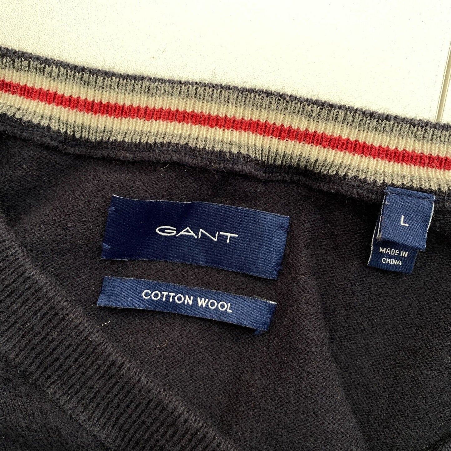 GANT Navy Blue Cotton Wool V Neck Sweater Pullover Size L