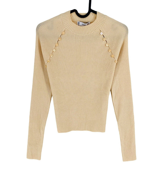 Mango MNG Women Beige Buttons Detail Knit Crew Neck Sweater Jumper Size M