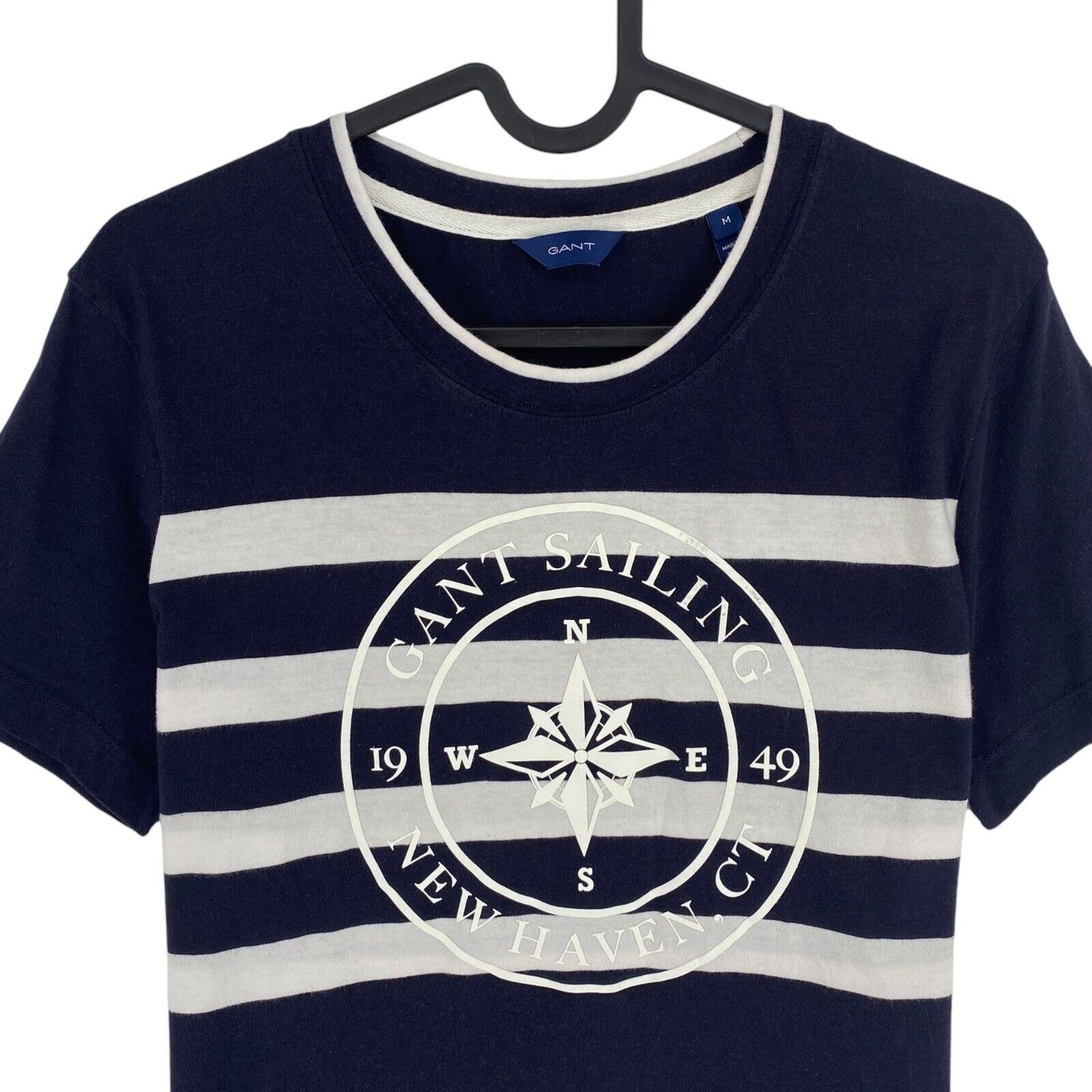 GANT Women Navy Blue Striped Print Crew Neck SS T Shirt Size M