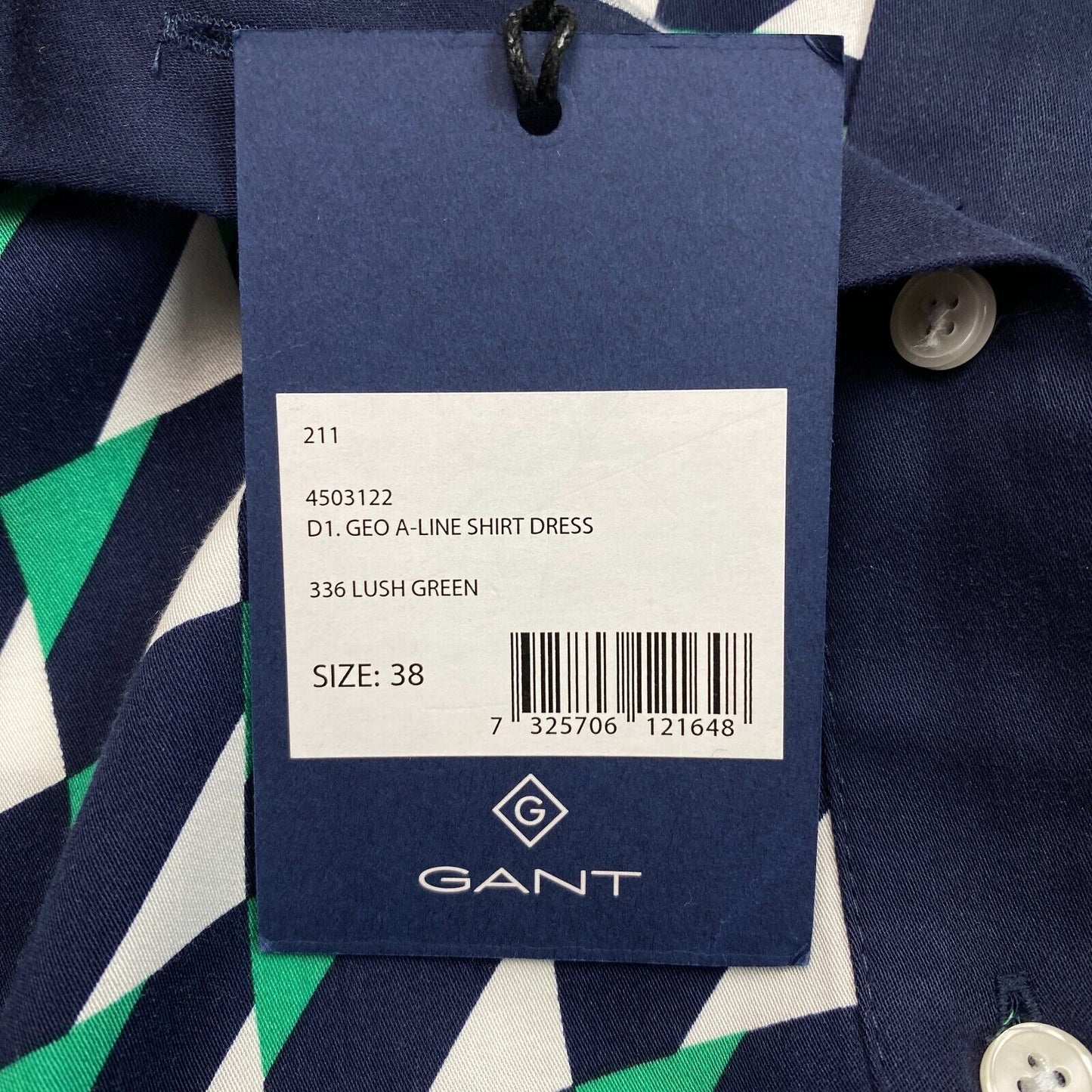 GANT Grünes, langärmliges Hemdkleid in A-Linie mit Geo-Muster, Größe EU 38 UK 10 US 8