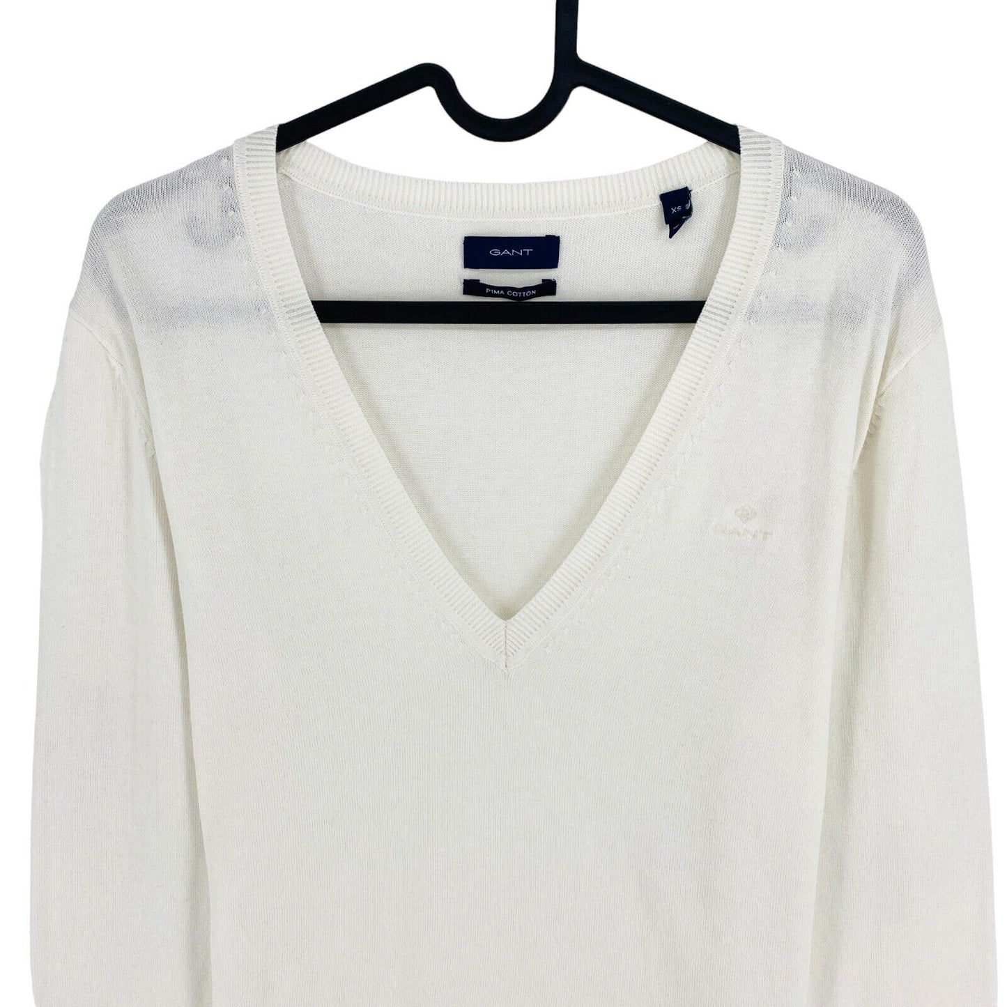 GANT Pull à col en V en coton léger blanc Taille XS