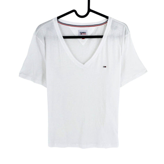 TOMMY HILFIGER JEANS Women White V Neck Short Sleeve T Shirt Size M