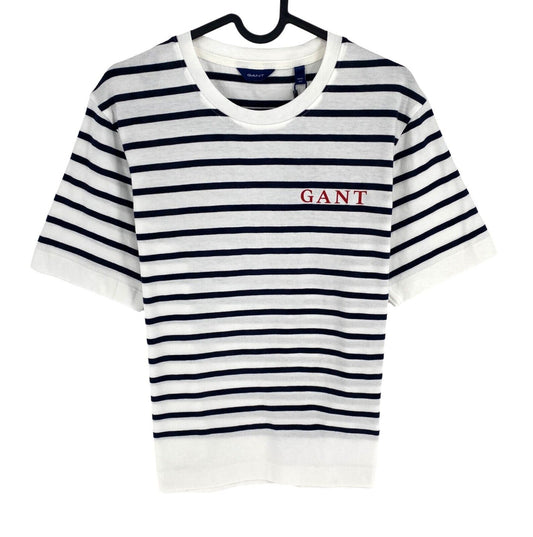 GANT Women Navy Blue Logo Striped Crew Neck Short Sleeve T Shirt Size S