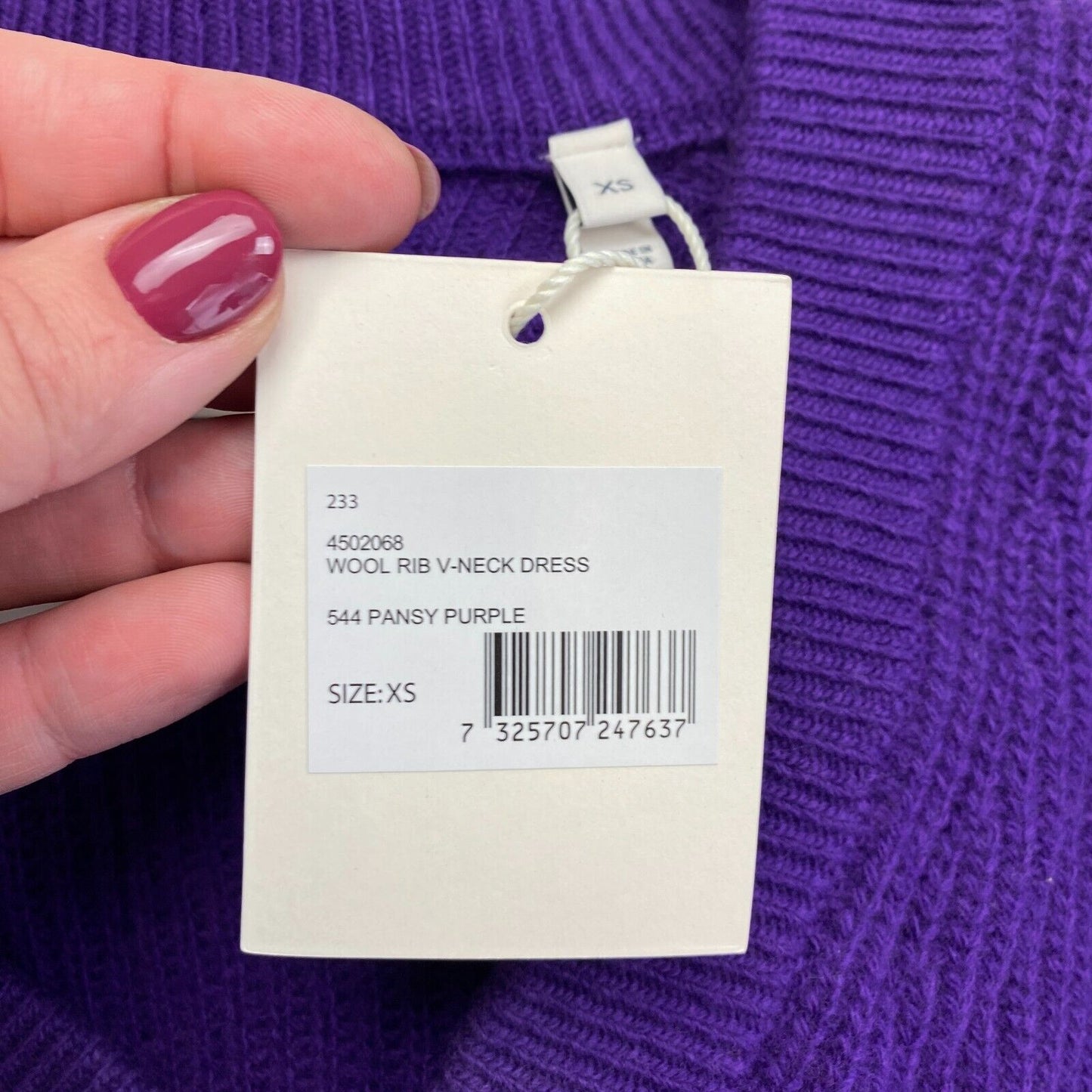 GANT Women Purple Wool Rib V Neck Long Sleeves Dress Size XS