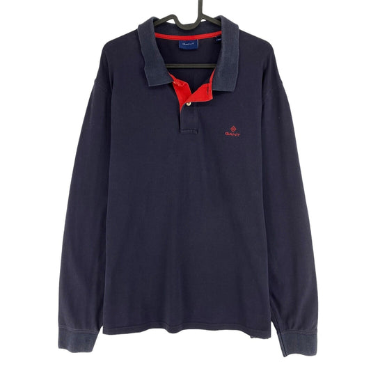 GANT Navy Blue Contrast Logo Pique Long Sleeves Rugger Polo Shirt Size XL