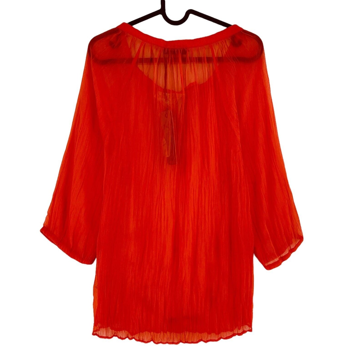 Fransa Red Sheer Pleated 3/4 Sleeve Round Neck Dress Top Blouse Size M