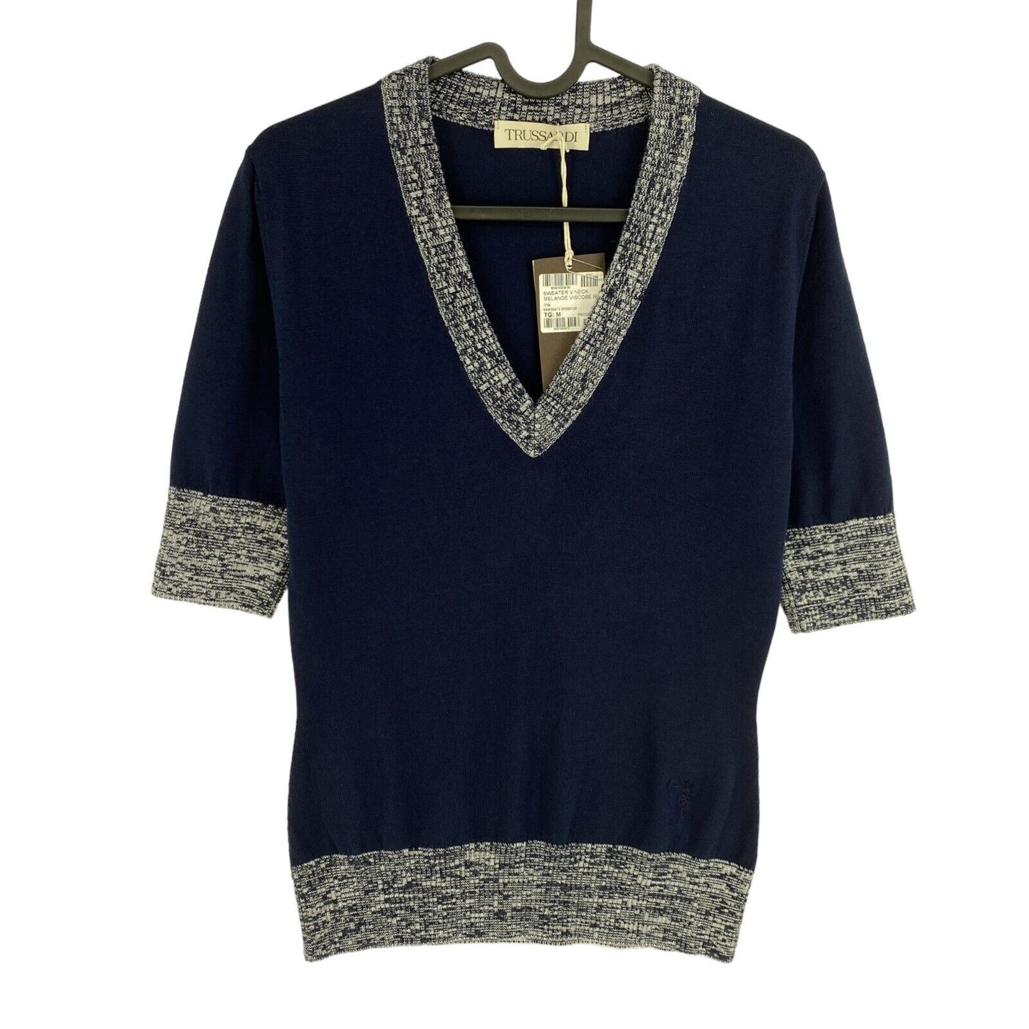 TRUSSARDI Navy Blue Knitted V Neck Short Sleeves Blouse Size M