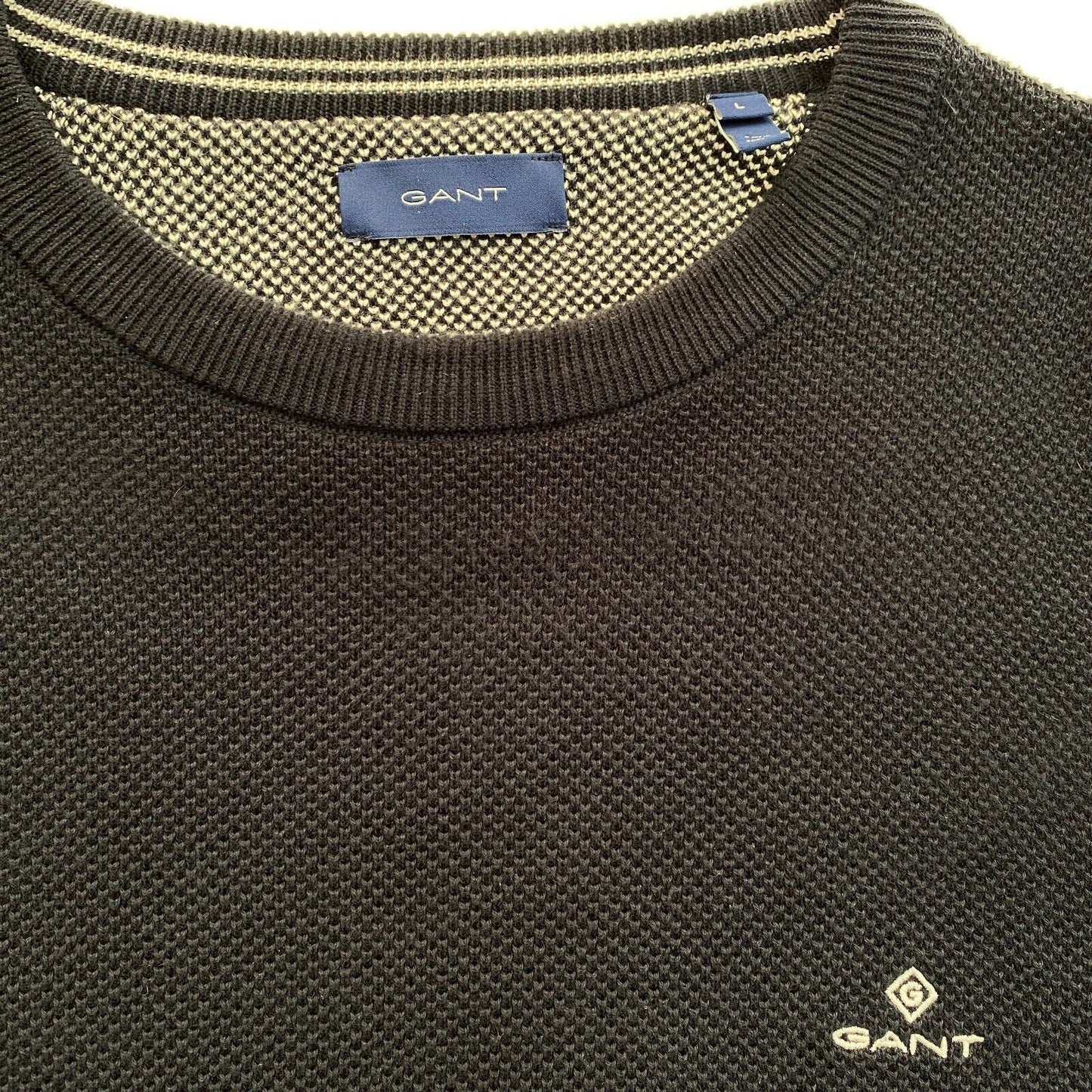 GANT Men Navy Blue Cotton Pique Crew Neck Sweater Jumper Size L