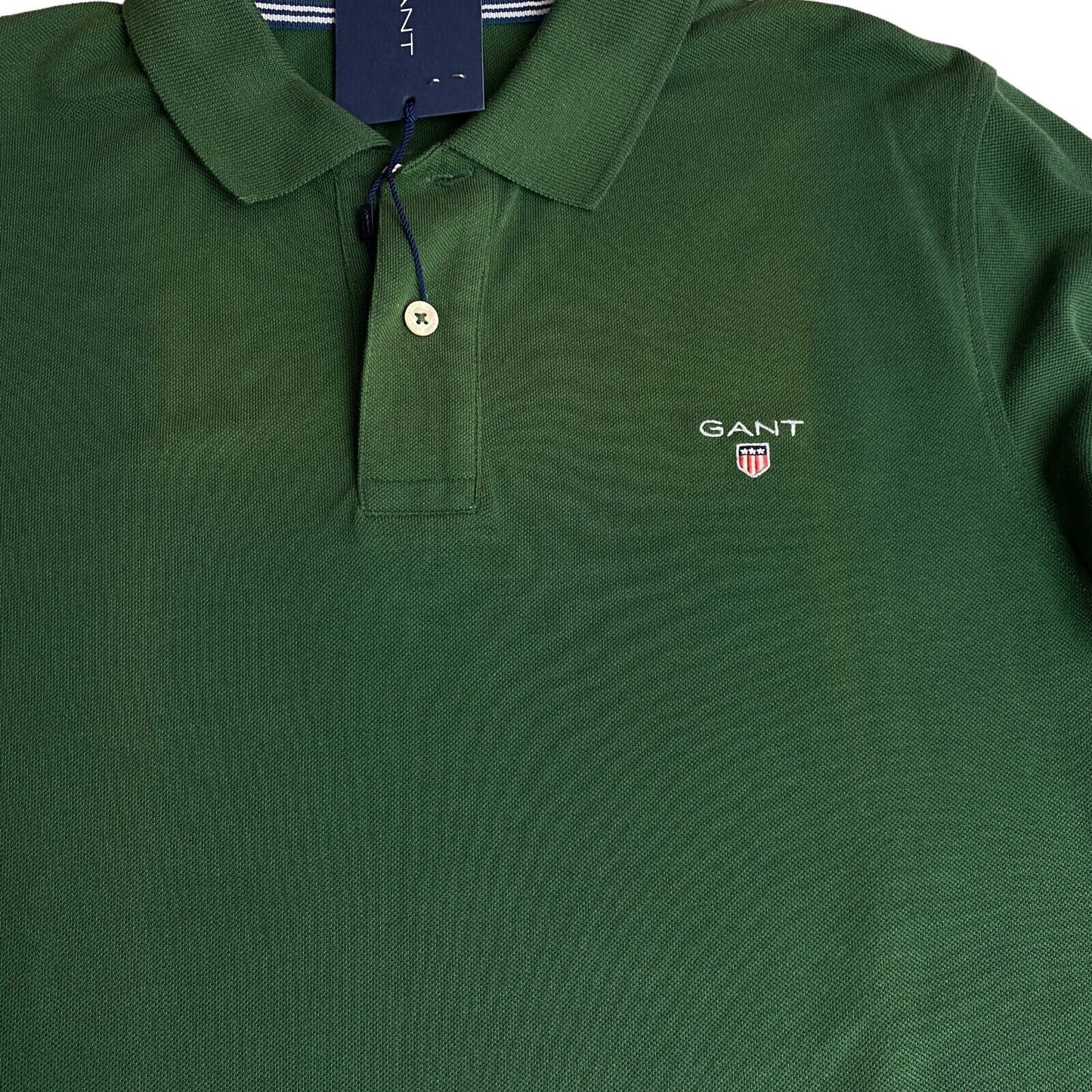 GANT Dark Green Solid Pique Long Sleeves Rugger Polo Shirt Size S