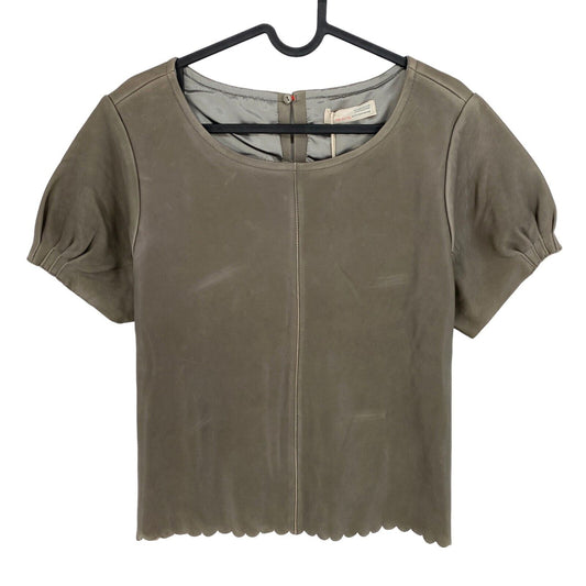 Odd Molly Greyish Brown 100% Cuir Manches Courtes Crew Neck Blouse Taille 2 / M