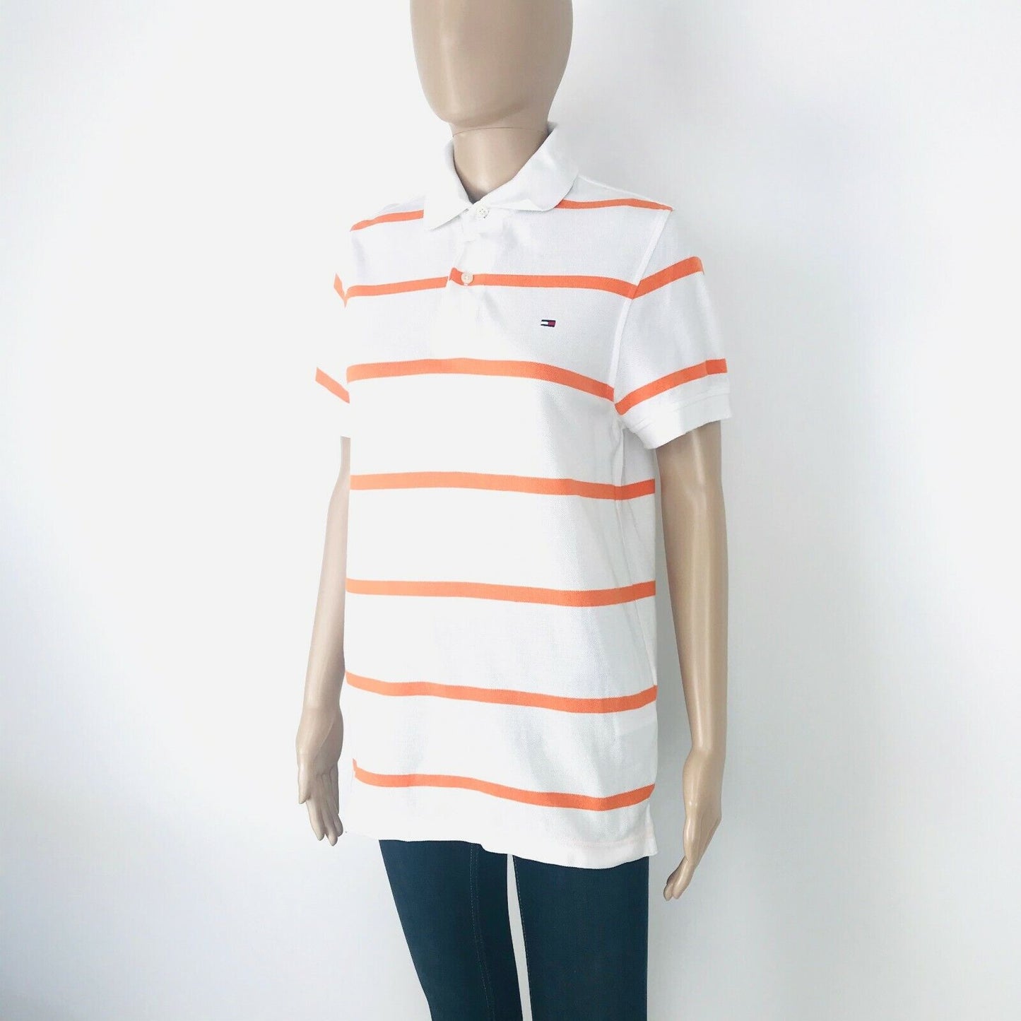 Tommy Hilfiger Women's Custom Fit White And Orange Striped Polo Shirt Size XS