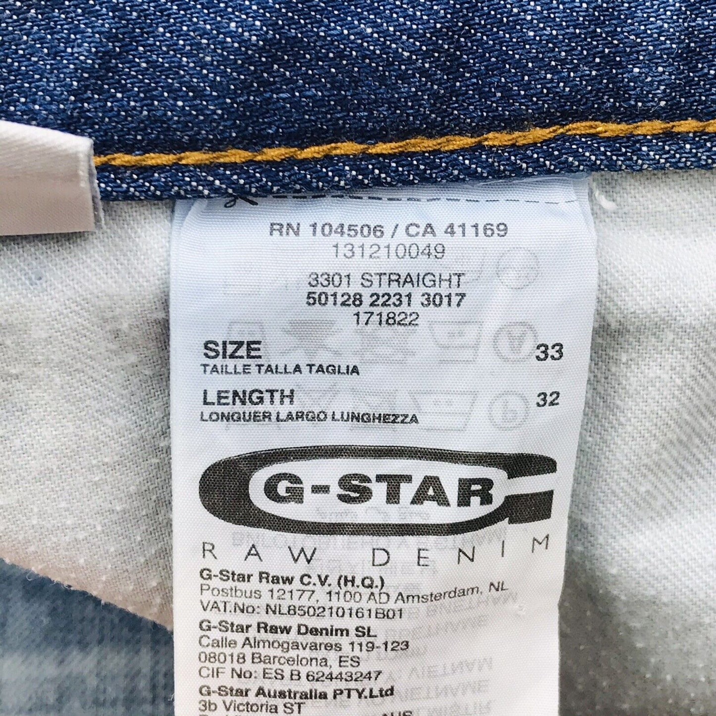 G-STAR RAW 3301 Blue Regular Straight Fit Jeans Size W33 L31