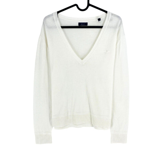 GANT Women White Light Cotton V Neck Jumper Sweater Size L