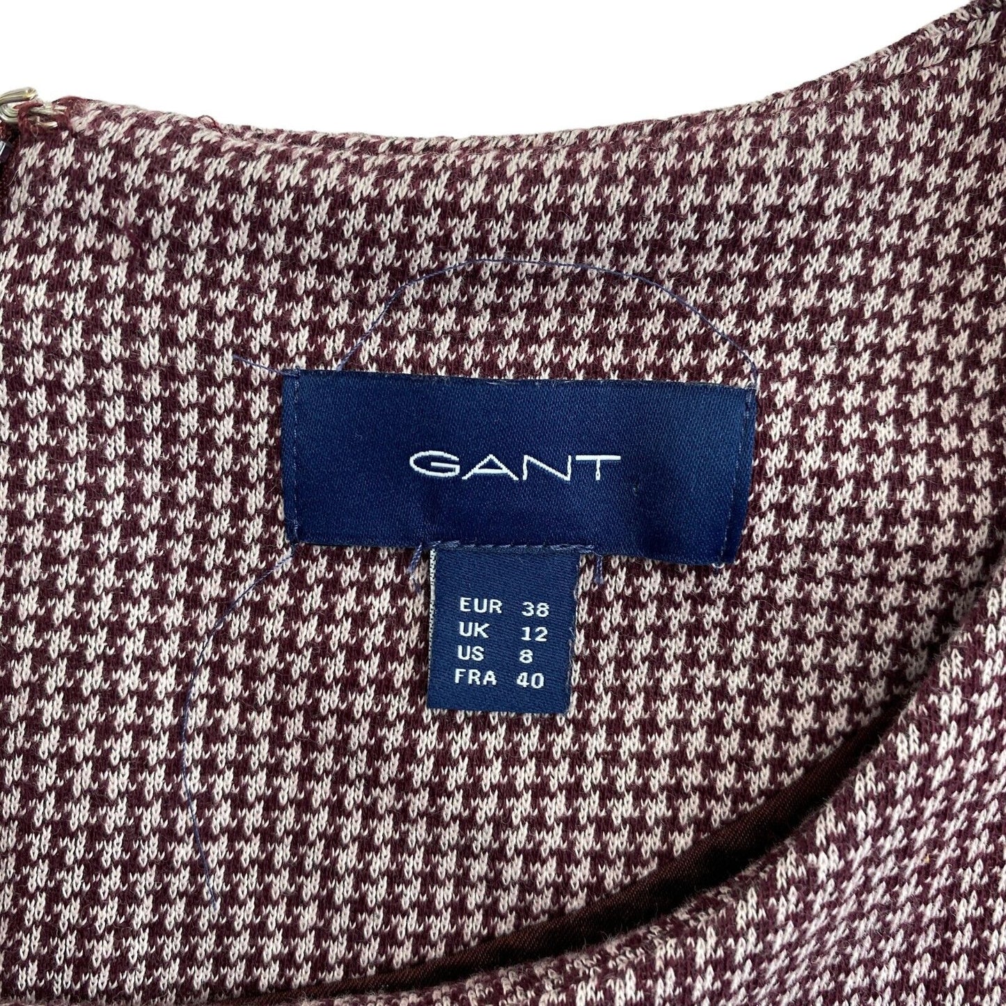 GANT Dark Red Jersey Dogtooth 3/4 Sleeves Shift Dress Size EU 38 UK 12 US 8