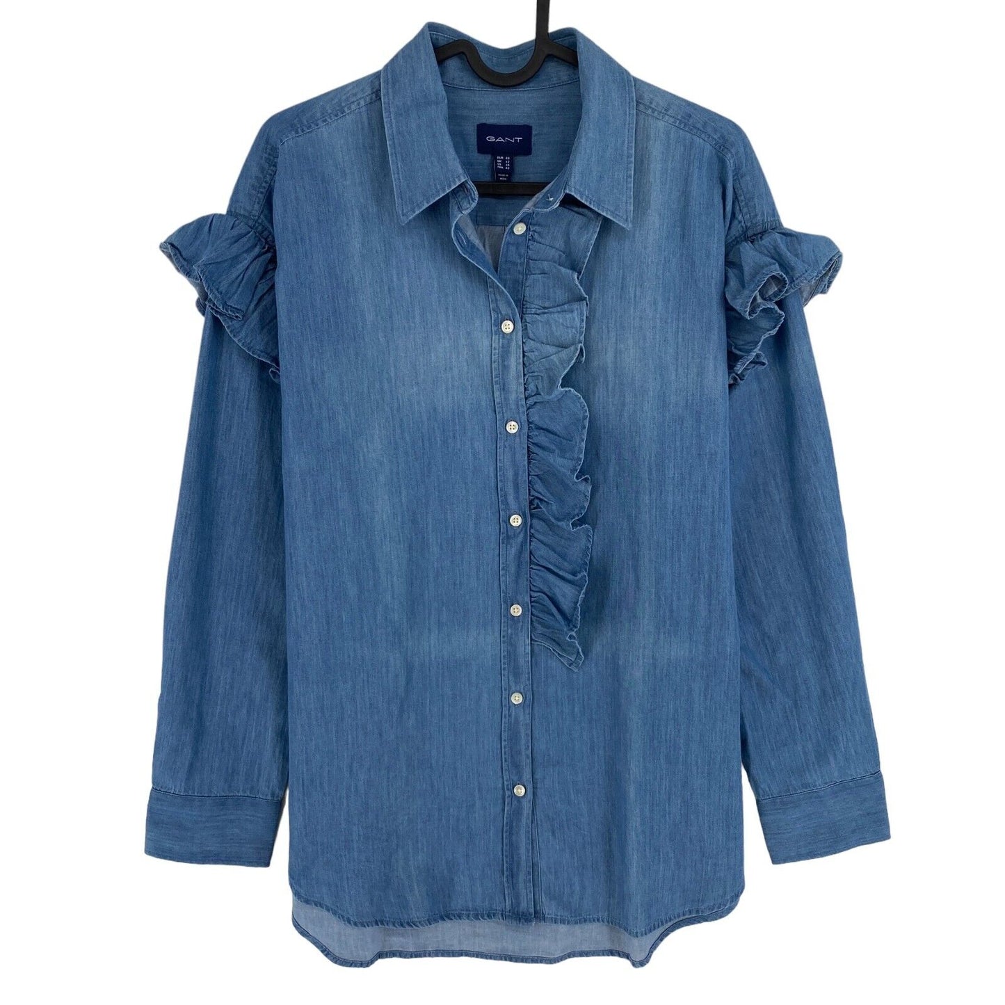 GANT Women Blue Indigo Flounce LS Shirt Size EU 40 UK 12 US 10