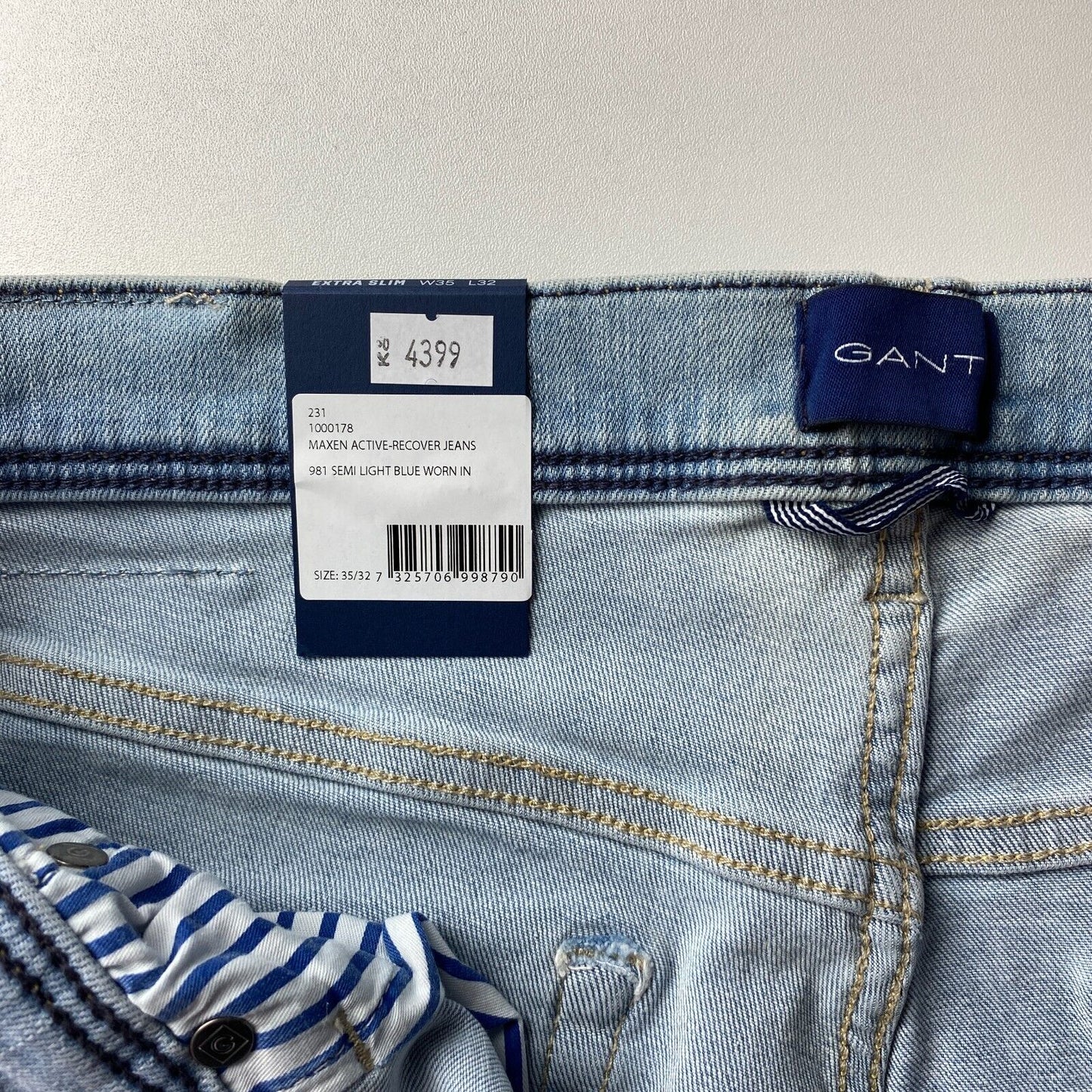 GANT MAXEN Light Blue Stretch Low Rise Extra Slim Fit Jeans W35 L32