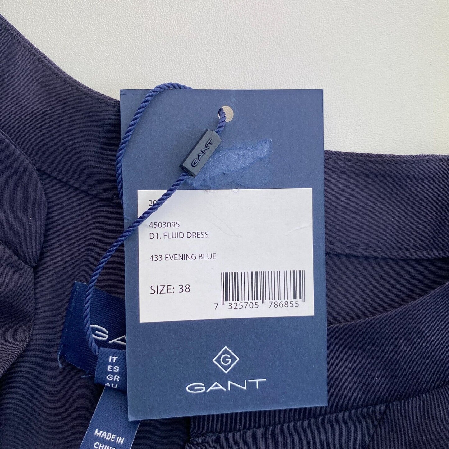 GANT Marineblaues, fließendes Kleid mit Gürtel und ausgestellten kurzen Ärmeln, Größe EU 38 UK 10 US 8