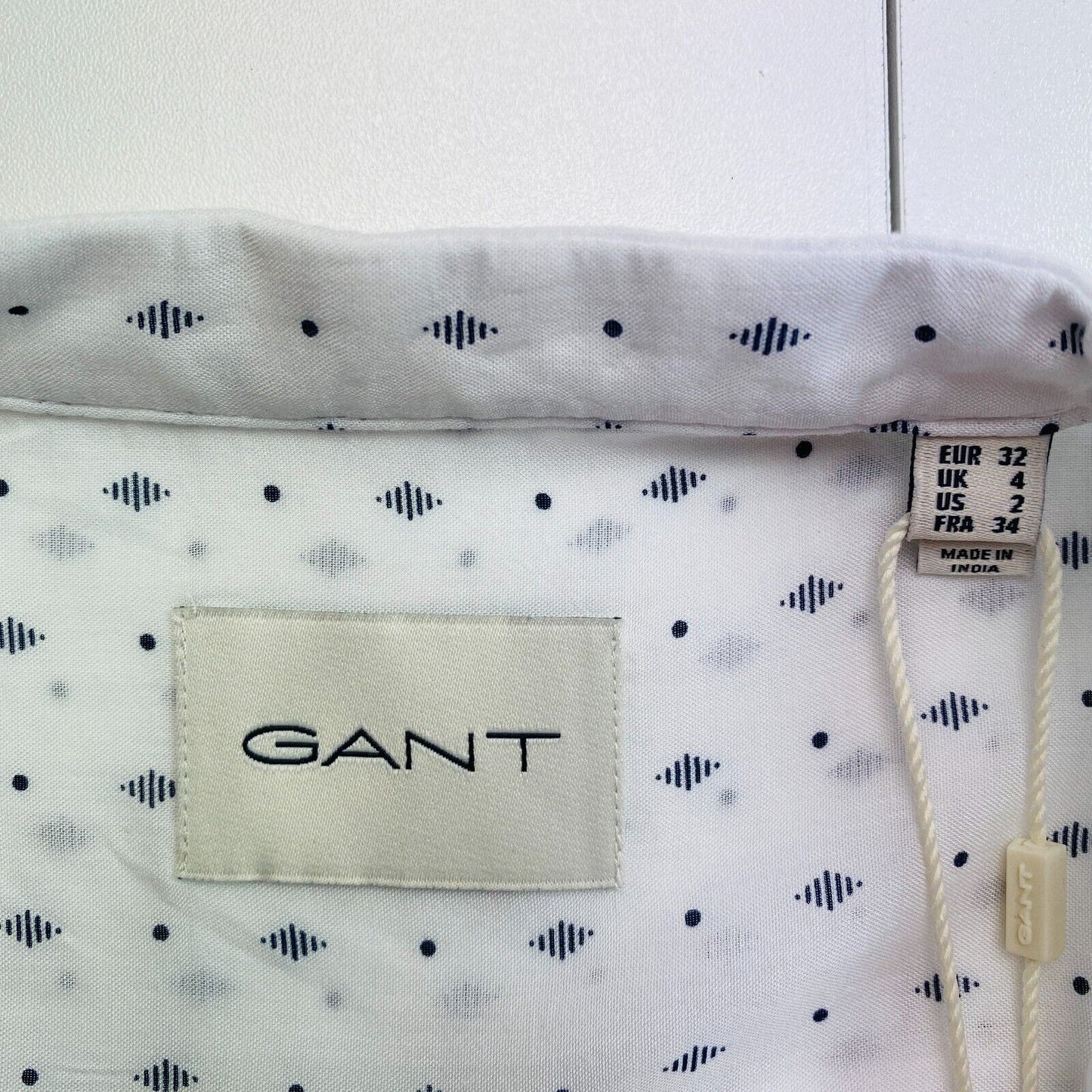 GANT Women White Reg Geometric Modal Long Sleeves Shirt Size EU 32 UK 4 US 2