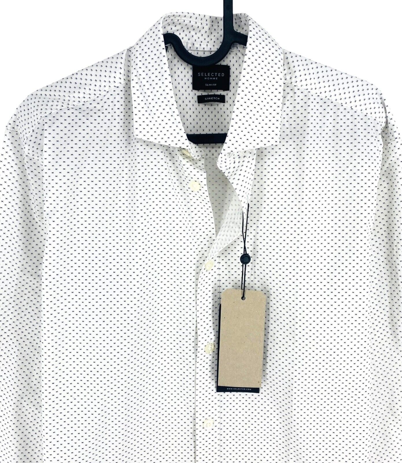 SELECTED HOMME Men White Geometric Stretch Slim Fit Shirt Size M 39/40 15.75