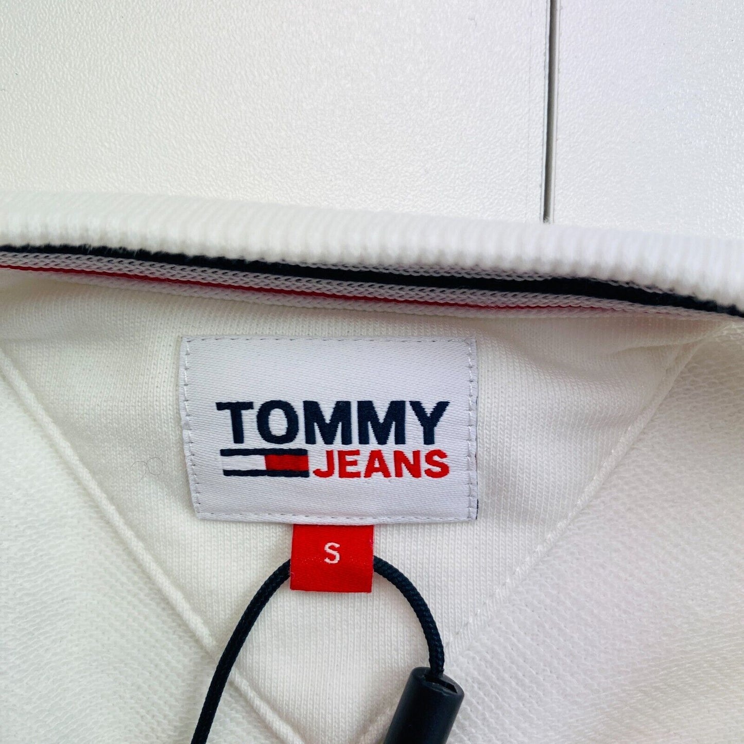 TOMMY HILFIGER JEANS White Crop College Logo Crew Neck Sweater Jumper Size S