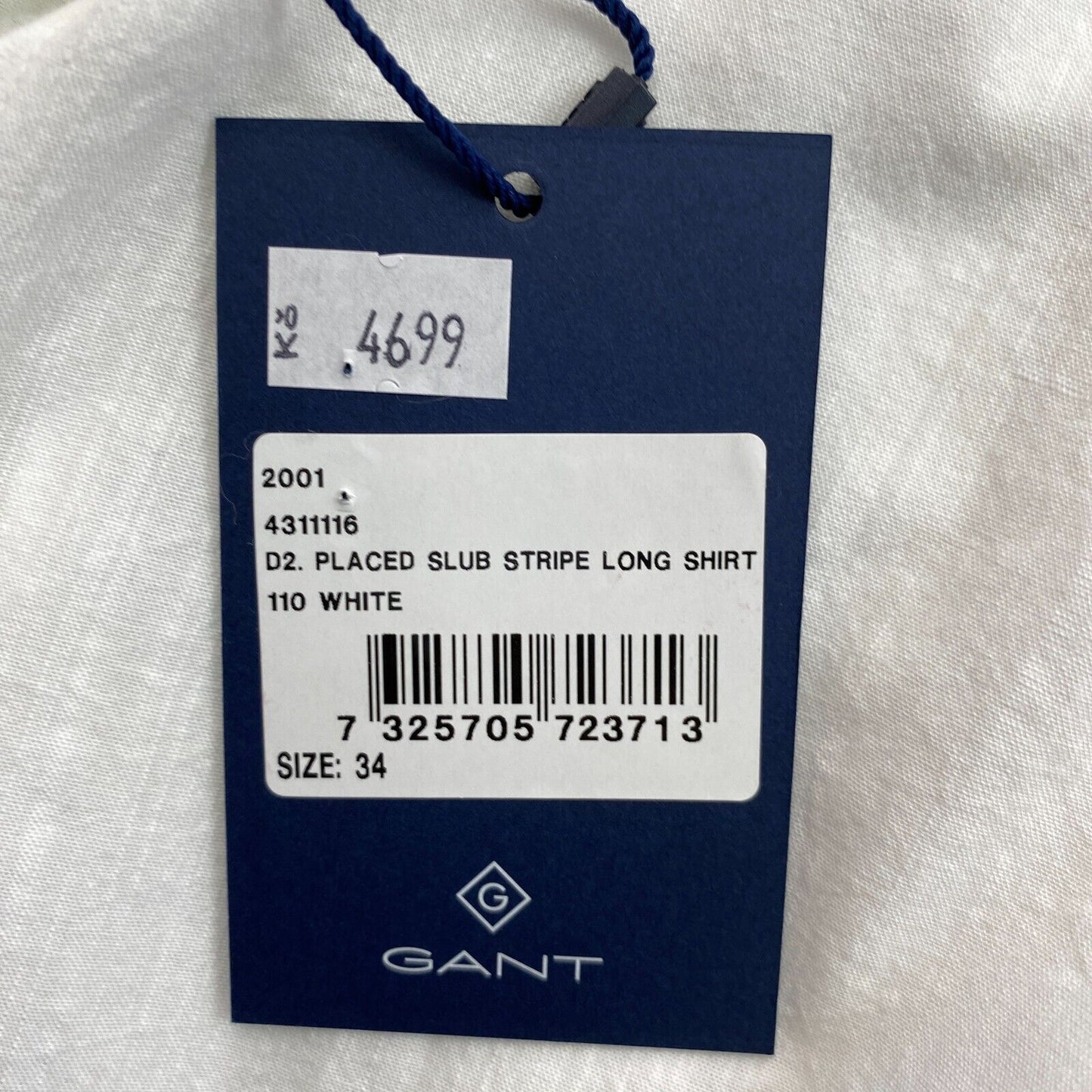 GANT Weißes platziertes Slub-Streifen-Langhemd, Größe EU 34, UK 6, US 4