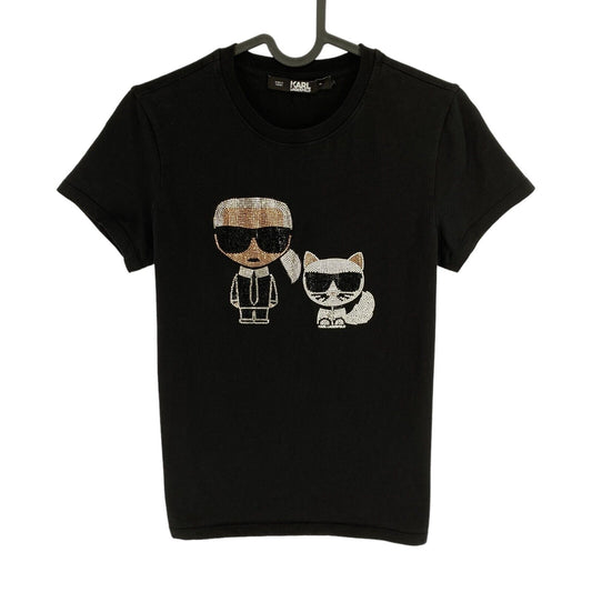 Karl Lagerfeld Women Black Ikonik Rhinestone Couple Crew Neck T Shirt Size XS