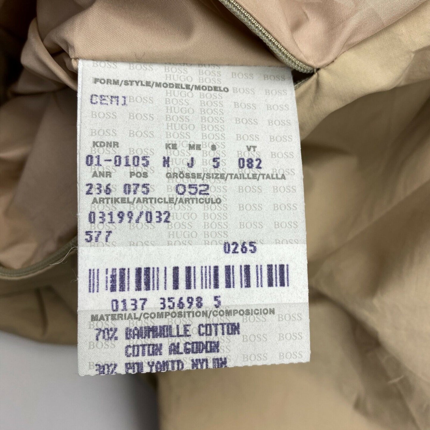 HUGO BOSS Trenchcoat aus beiliegender Baumwollmischung, Größe EU 52 UK/US 42