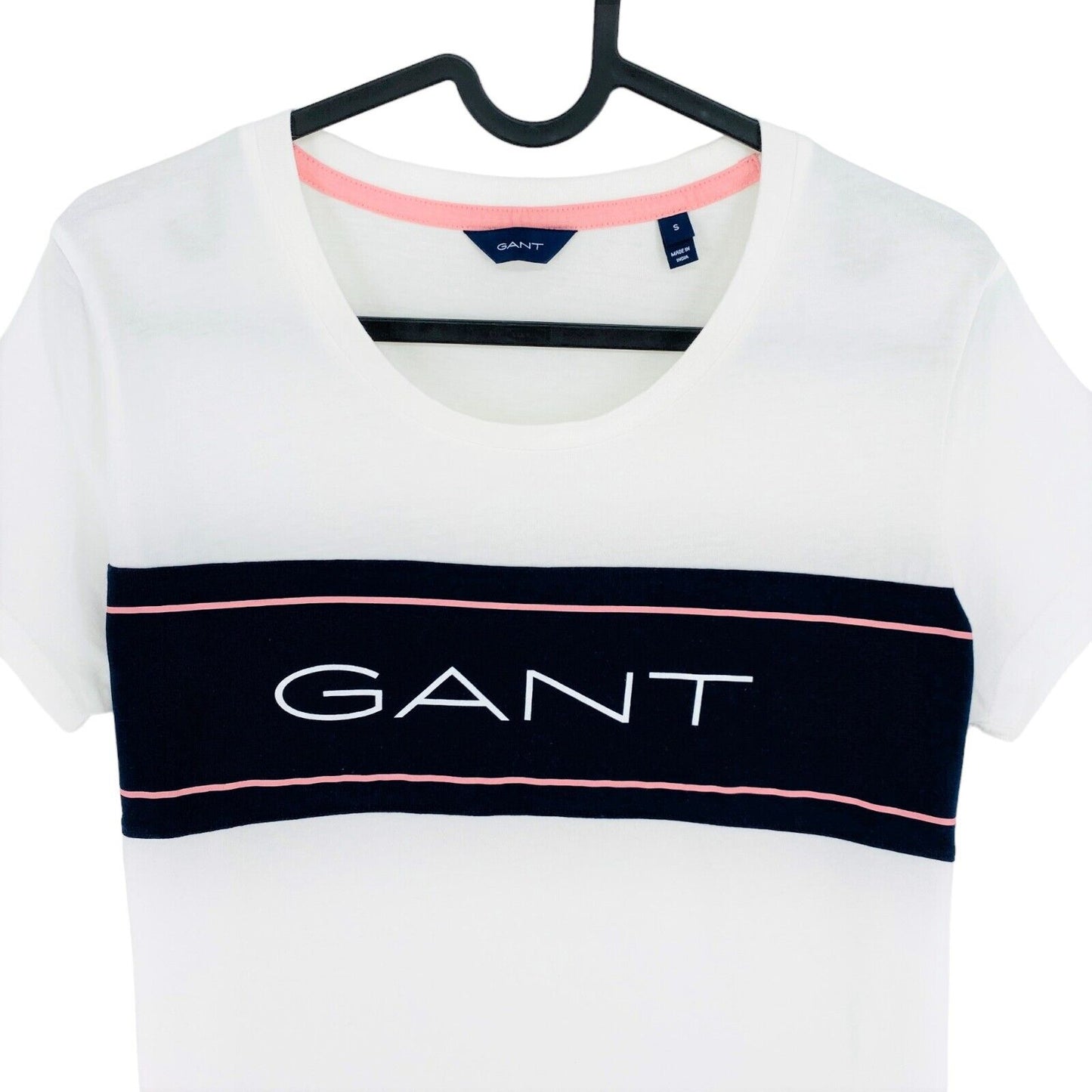 GANT White Logo Stripe Crew Neck T Shirt Size S